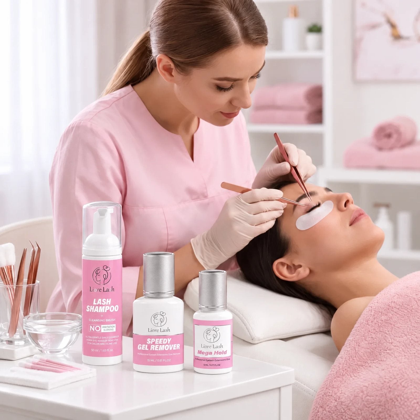 Lash artist posant des extensions de cils en institut, à côté du shampooing, du remover et de la colle Mega Hold Liore Lash